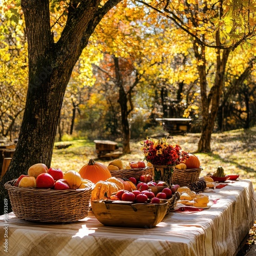 A Thanksgiving table set outdoors under golden trees, with baskets of apples and squash as the centerpiece, [Thanksgiving], [har