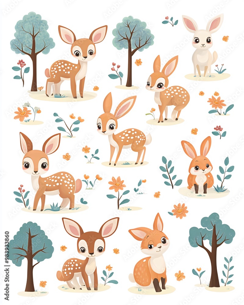 Adorable cartoon deer and bunny with floral elements in a woodland setting. Adorable cartoon deer and bunny with floral elements in a woodland setting.