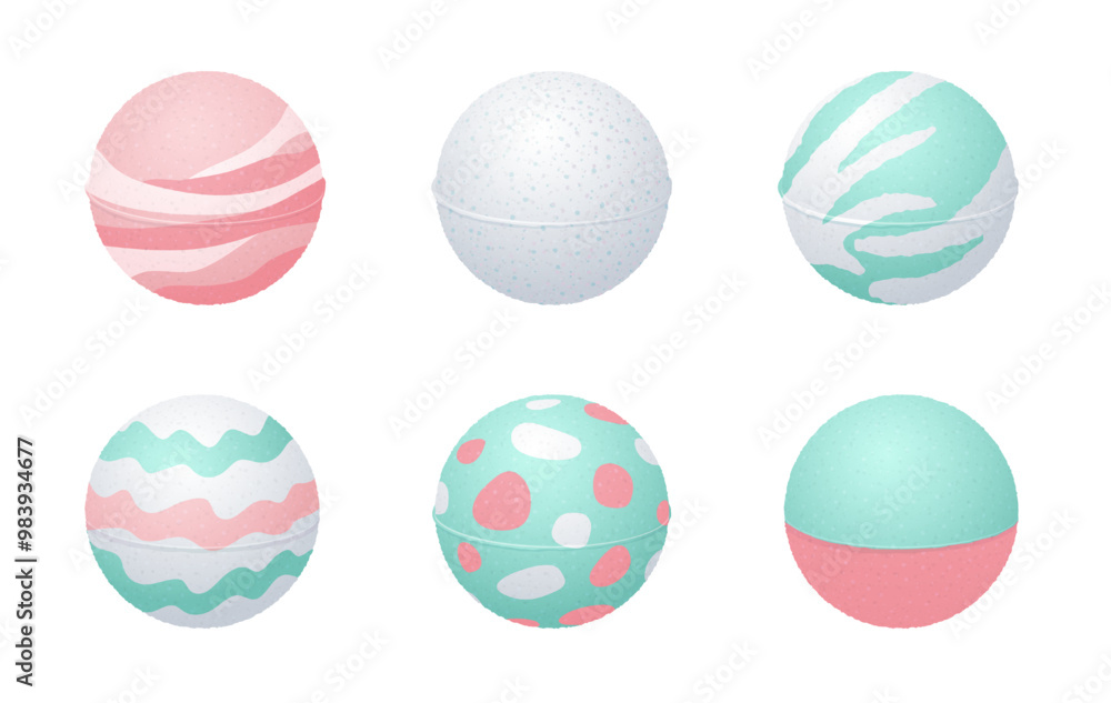 Salt bath bombs for spa. Icons of fizzing balls with sea salt and soap. Bath bombs with wavy pattern and dots, vector cartoon illustration isolated on white background Salt bath bombs for spa. Icons of fizzing balls with sea salt and soap. Bath bombs with wavy pattern and dots, vector cartoon illustration isolated on white background