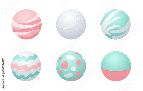 Salt bath bombs for spa. Icons of fizzing balls with sea salt and soap. Bath bombs with wavy pattern and dots, vector cartoon illustration isolated on white background