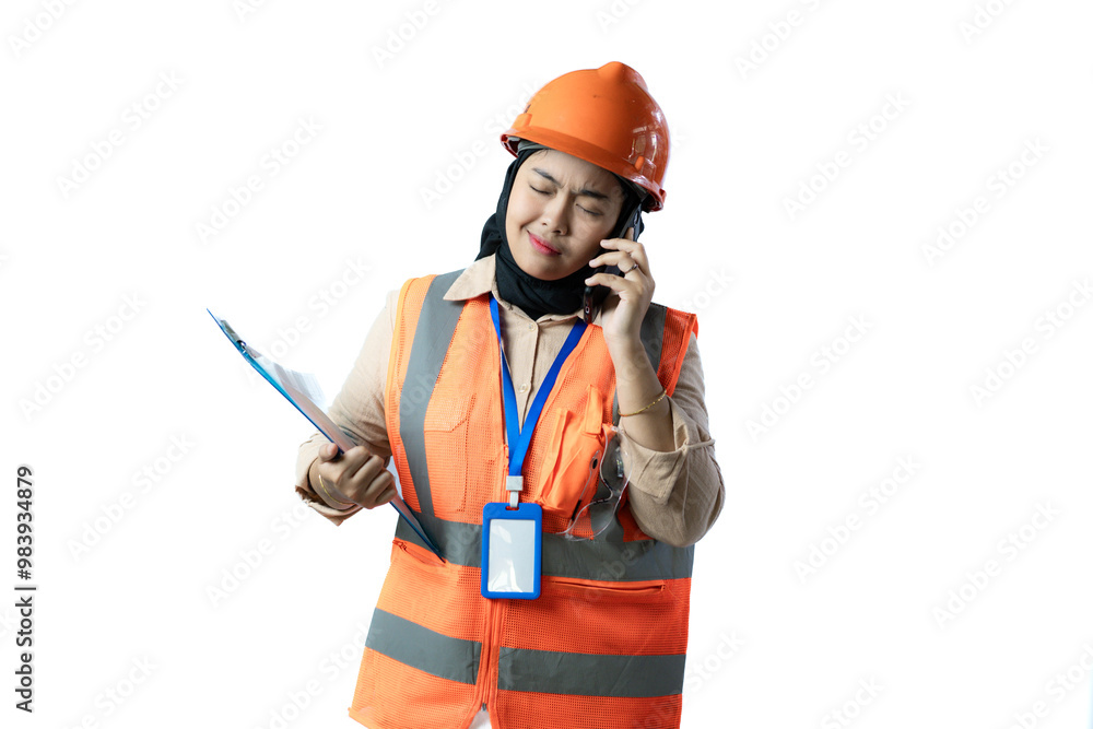 young Asian female construction worker in hijab who looks very angry while making a voice call while carrying a clipboard. industrial and construction concept, isolated white background. young Asian female construction worker in hijab who looks very angry while making a voice call while carrying a clipboard. industrial and construction concept, isolated white background.
