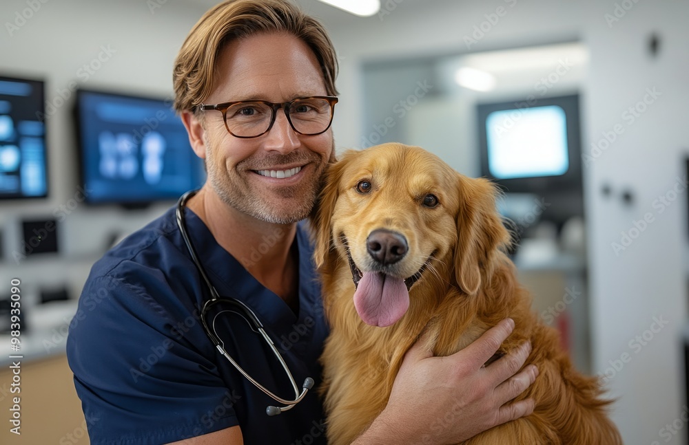 A veterinarian in blue scrubs pets a happy golden retriever in a modern clinic A veterinarian in blue scrubs pets a happy golden retriever in a modern clinic