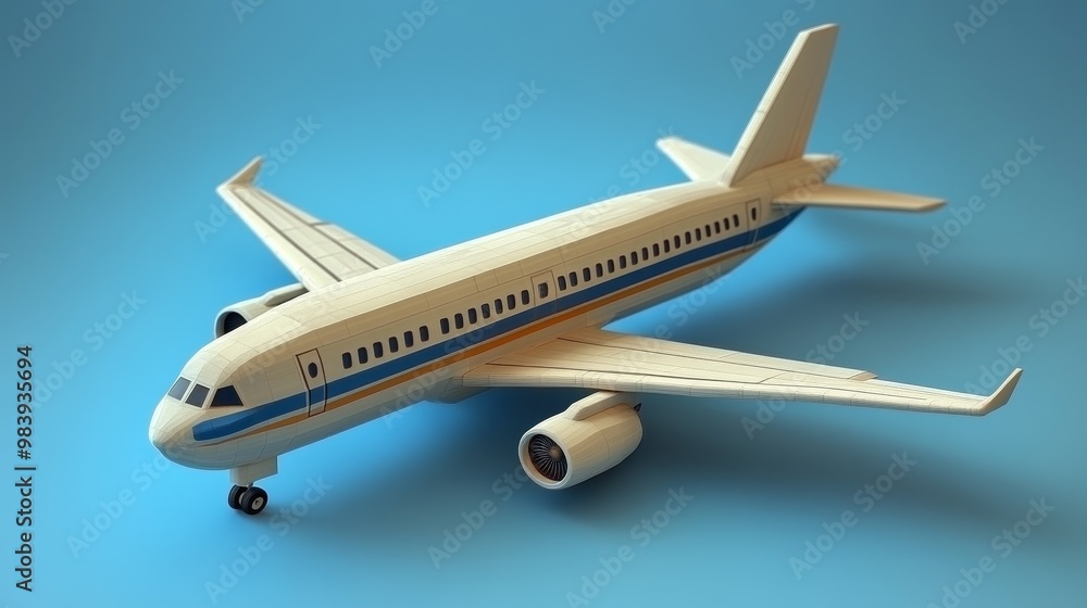 A detailed model airplane on a blue background, representing travel, aviation, and engineering in a minimalistic design. A detailed model airplane on a blue background, representing travel, aviation, and engineering in a minimalistic design.