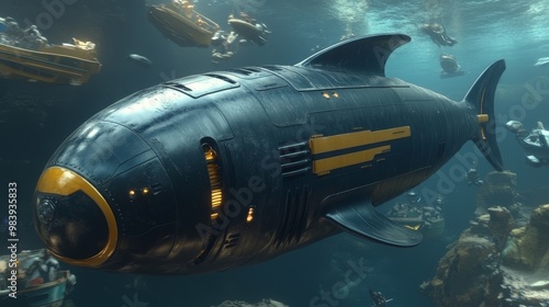 Wallpaper Mural A futuristic submarine exploring the depths of the ocean amidst mysterious underwater scenery and wreckage. Torontodigital.ca