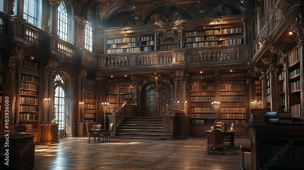 Grand Ornate Library with Bookshelves, Windows, and Staircase Grand Ornate Library with Bookshelves, Windows, and Staircase