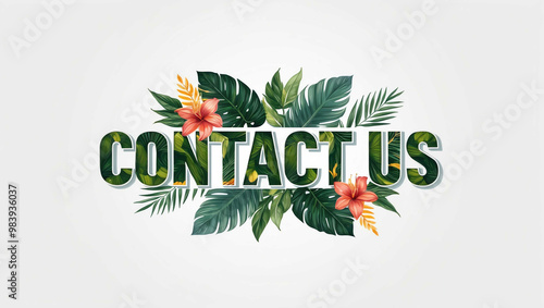 contact us lettering with tropical plants leaves and flowers design on plain white background