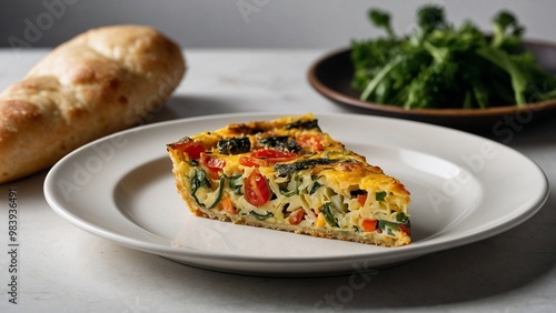 Vegetable frittata slice served on a white plate with fresh bread and greens on a gray background