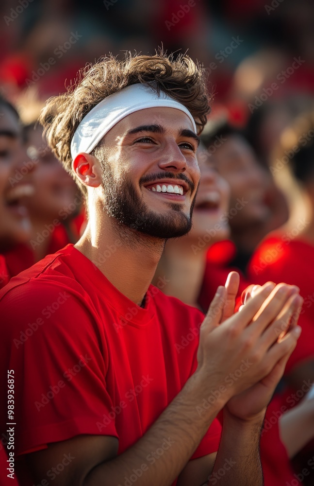 Fototapeta premium Enthusiastic sports fans in red jerseys celebrate passionately during an exciting stadium match