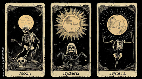 Tarot cards depicting the Sun, Moon, and Hysteria photo