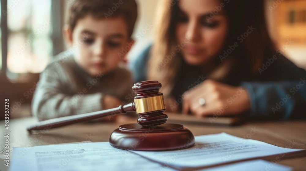Cute child and mother at table with gavel of judge blurred in background, family law concept Cute child and mother at table with gavel of judge blurred in background, family law concept