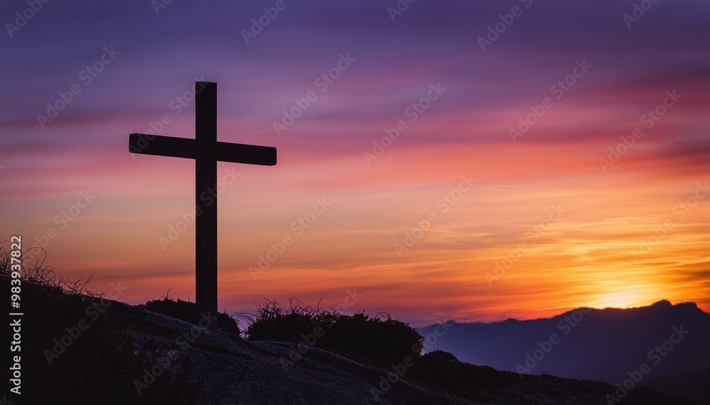 Wooden Cross on a Warm Sunset Background
A wooden cross on the right, silhouetted against a vibrant sunset sky with hues of orange, pink, and purple, creating a spiritual, calming atmosphere. Wooden Cross on a Warm Sunset Background
A wooden cross on the right, silhouetted against a vibrant sunset sky with hues of orange, pink, and purple, creating a spiritual, calming atmosphere.
