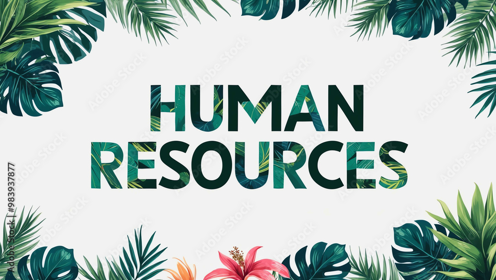 Obraz premium human resources lettering with tropical plants leaves and flowers design on plain white background