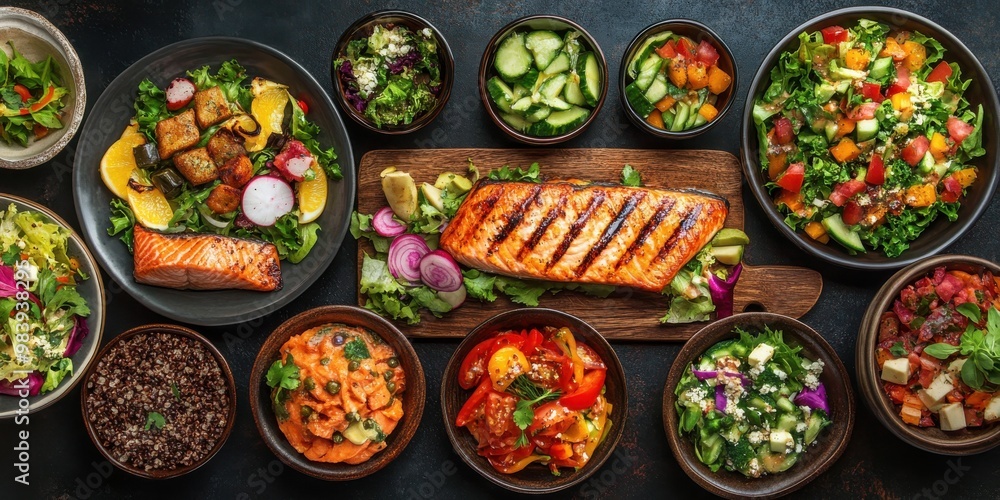 A vibrant top-down view of various colorful, healthy dishes arranged on a dark rustic table. A vibrant top-down view of various colorful, healthy dishes arranged on a dark rustic table.