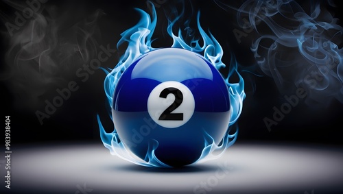 Magic two ball in blue flames. A striking image featuring a blue billiard ball with the number two engulfed in mystical blue fire on a dark background.