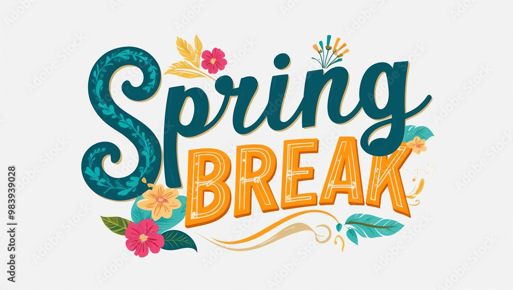spring break typography lettering decorative design on plain white background spring break typography lettering decorative design on plain white background