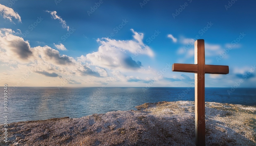 Wooden Cross on a Heavenly Sky Background
A wooden cross placed on the right side, with a soft blue sky and white fluffy clouds in the background, creating a peaceful and uplifting image. Wooden Cross on a Heavenly Sky Background
A wooden cross placed on the right side, with a soft blue sky and white fluffy clouds in the background, creating a peaceful and uplifting image.