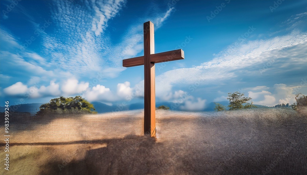 Wooden Cross on a Heavenly Sky Background
A wooden cross placed on the right side, with a soft blue sky and white fluffy clouds in the background, creating a peaceful and uplifting image. Wooden Cross on a Heavenly Sky Background
A wooden cross placed on the right side, with a soft blue sky and white fluffy clouds in the background, creating a peaceful and uplifting image.