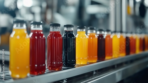 Bottled Beverage Production Line: A symphony of colors - freshly bottled juices glide through a modern factory, showcasing industrial efficiency and refreshing variety. 