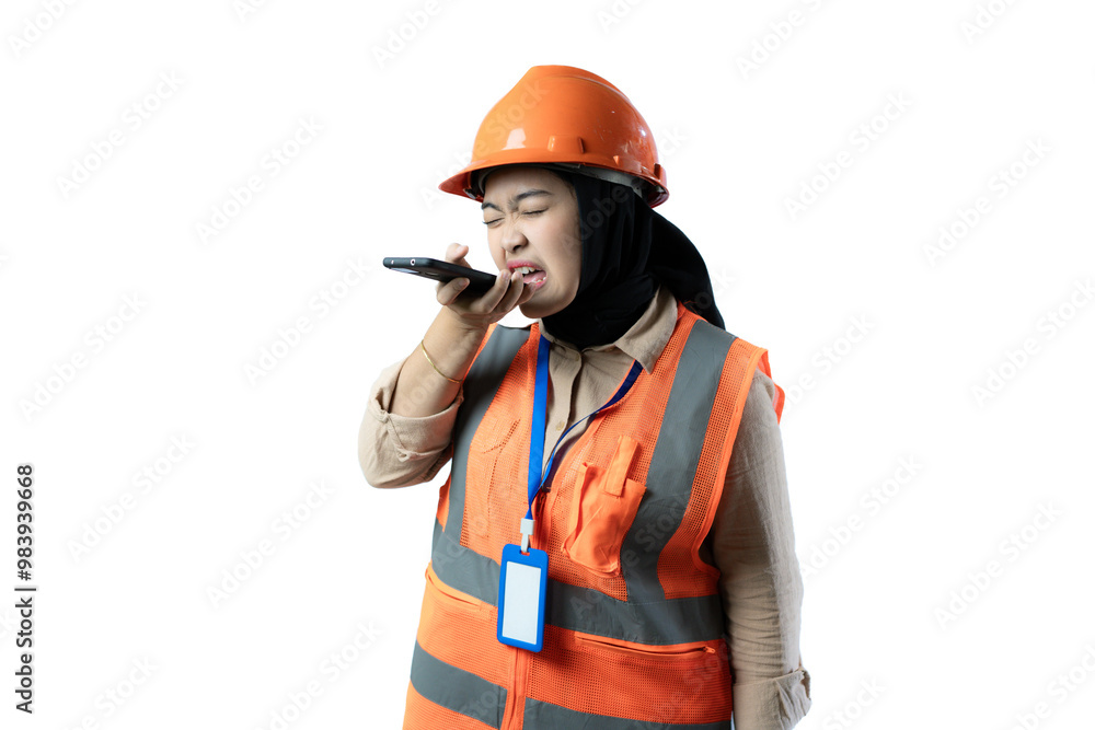 Young Asian female construction worker in hijab who looks very angry while on a voice call, industrial and construction concept, isolated white background. Young Asian female construction worker in hijab who looks very angry while on a voice call, industrial and construction concept, isolated white background.