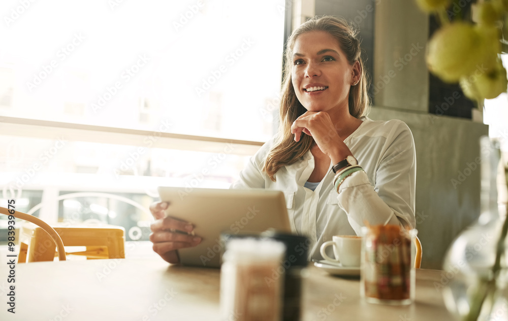 Woman, smile and thinking with tablet in cafe for writing project inspiration, research article ideas or relax. Freelance copywriter, entrepreneur or happy in coffee shop with digital app for startup Woman, smile and thinking with tablet in cafe for writing project inspiration, research article ideas or relax. Freelance copywriter, entrepreneur or happy in coffee shop with digital app for startup
