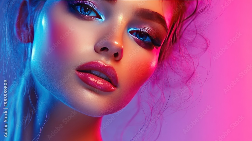 Close-up of a woman's face with vibrant pink and blue lighting, showcasing her blue eyes and full pink lips. Close-up of a woman's face with vibrant pink and blue lighting, showcasing her blue eyes and full pink lips.