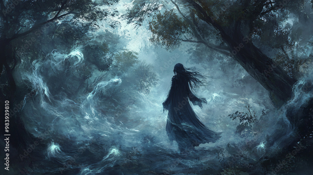 Fototapeta premium A witch walking through a haunted forest, with spirits swirling around her and whispers on the wind.