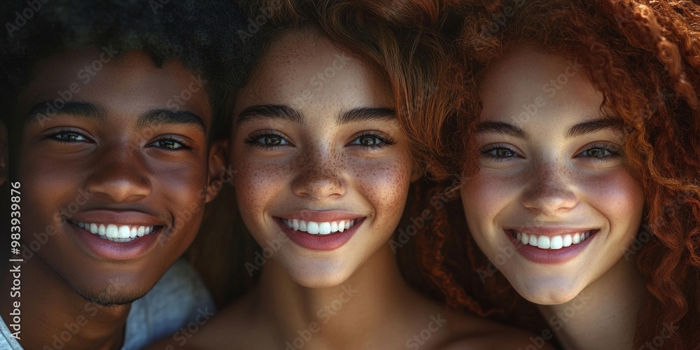 Fototapeta premium Three young friends smile and share joy together. The image captures their bright expressions and warm connection. This portrait reflects happiness and friendship in a modern style. AI