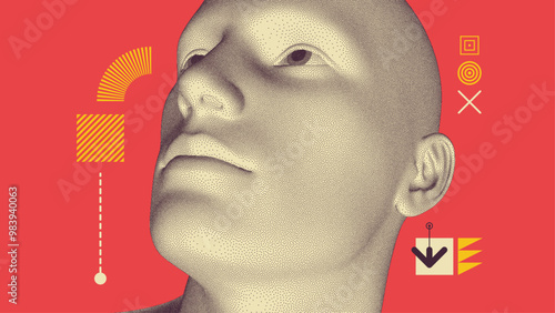 Man looking up. Abstract digital human head. Cover design template. Minimalistic design for business presentation, placard, banner, cover, brochure or notebook. 3d vector.