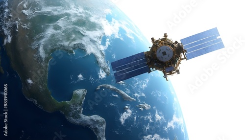 A satellite and earth representing remote sensing technology isolated on a white background