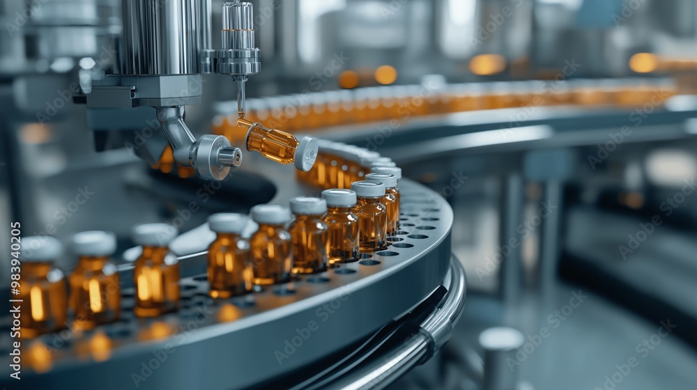 Automated Pharmaceutical Production: A close-up shot of a modern pharmaceutical production line, showcasing the precision and efficiency of automated bottle filling and capping. The image highlights Automated Pharmaceutical Production: A close-up shot of a modern pharmaceutical production line, showcasing the precision and efficiency of automated bottle filling and capping. The image highlights
