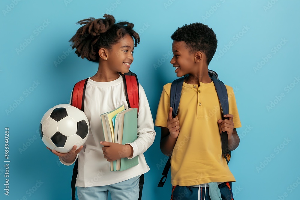 Fototapeta premium Teenage African American Friends: Schoolgirl and Boy Posing on Blue Background, Back to School
