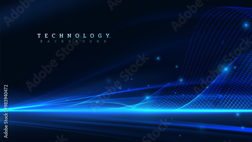 Abstract blue wave of glowing dots on a digital background, symbolizing technology, data flow, and futuristic innovation. Vector illustration.