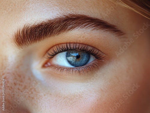 Close-up of a captivating blue eye with natural makeup, showcasing beautiful eyelashes and fine details of the iris. photo