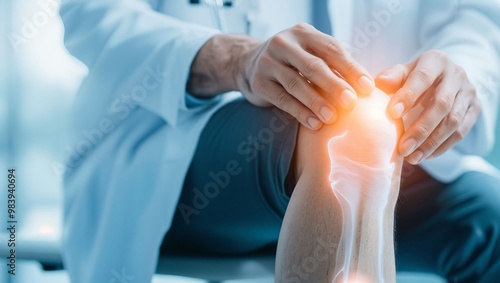 A healthcare professional examines a knee joint, highlighting joint pain with a glowing graphic to indicate discomfort and medical assessment.