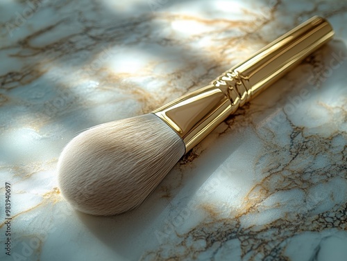 Close-up of a luxurious makeup brush resting on a marble surface, showcasing elegant design and soft bristles perfect for beauty.