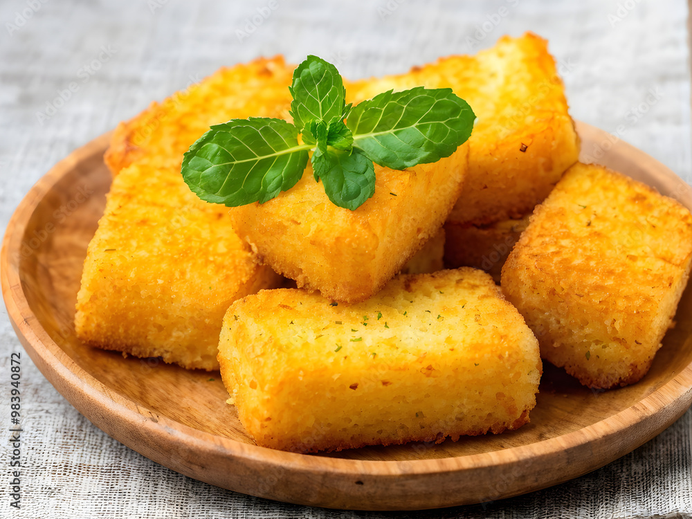 fried white bread croutons with mint leaves in a wooden plate
fried white bread croutons with mint leaves in a wooden plate