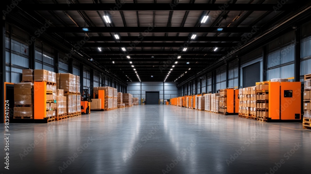 Modern Warehouse Interior with Organized Inventory Shelves Modern Warehouse Interior with Organized Inventory Shelves