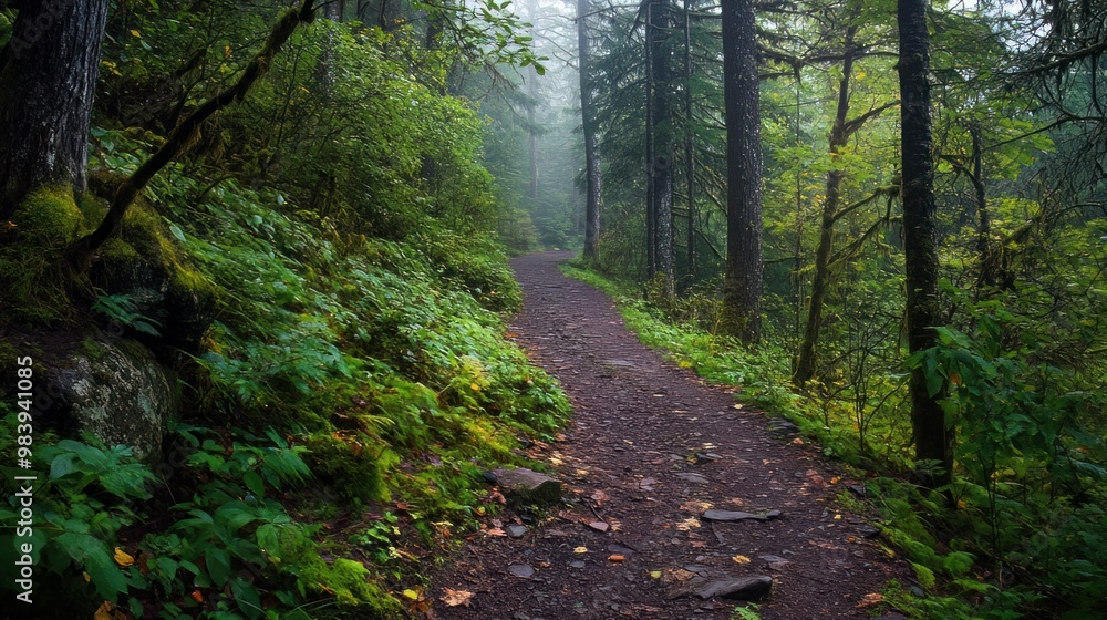 Fototapeta premium Wandering path amid the gloomy woodland. 