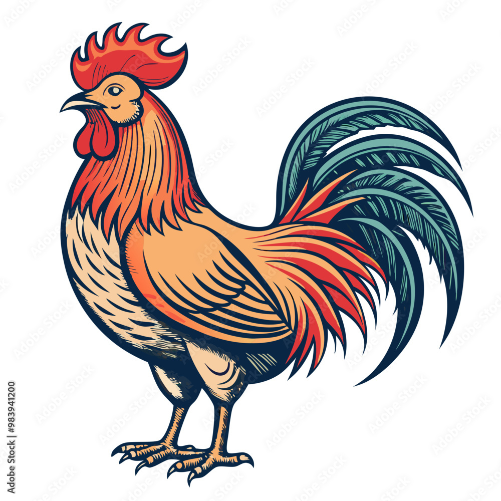 Fototapeta premium Hand-drawn Retro Rooster Illustration with Vintage Farm Animal Theme 
