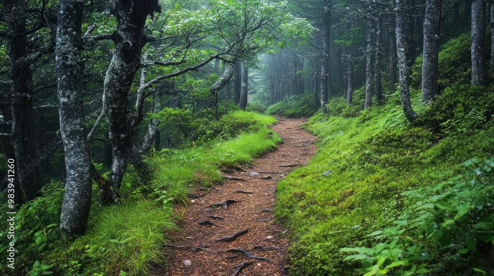 Wandering path amid the gloomy woodland.
Wandering path amid the gloomy woodland.