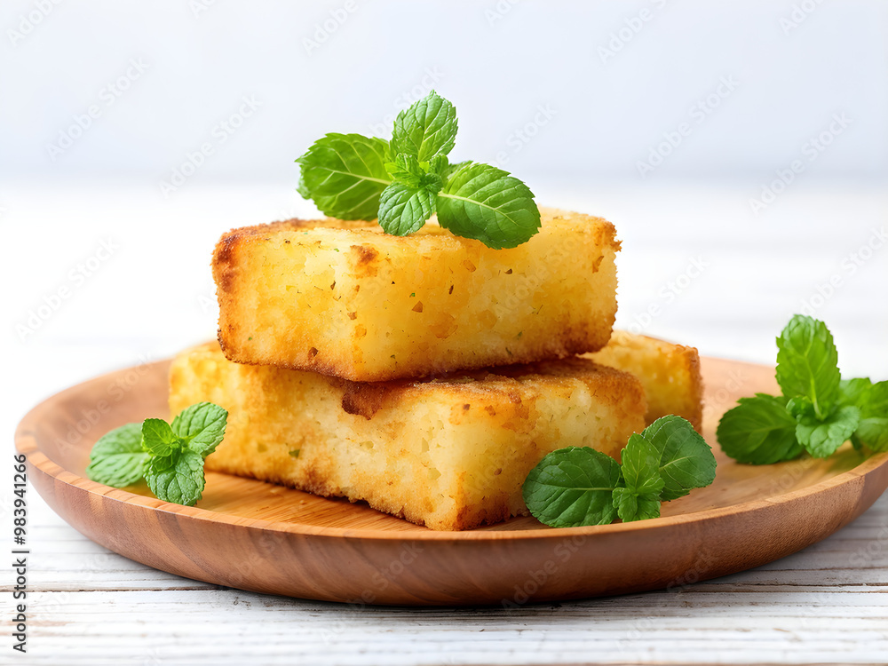 fried white bread croutons with mint leaves in a wooden plate
fried white bread croutons with mint leaves in a wooden plate