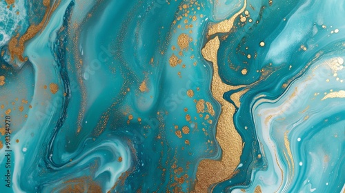 Abstract Swirling Blue and Gold Liquid Art