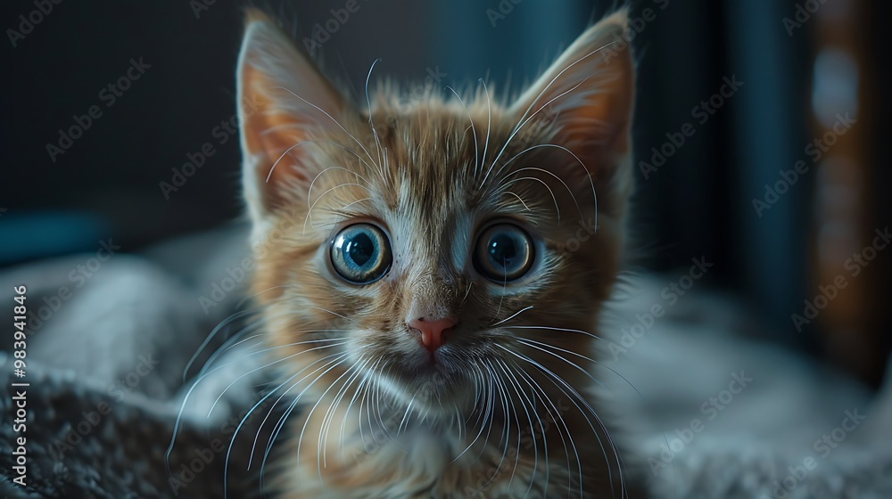 Fototapeta premium Surprised kitten with large eyes and short hair and soft body