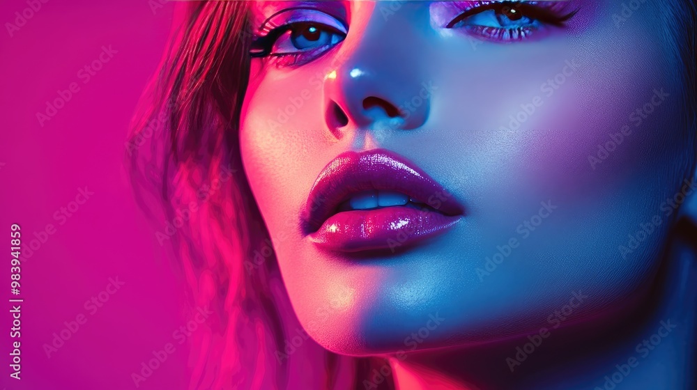 Fototapeta premium Close-up of a Woman's Face with Vibrant Blue and Pink Lighting