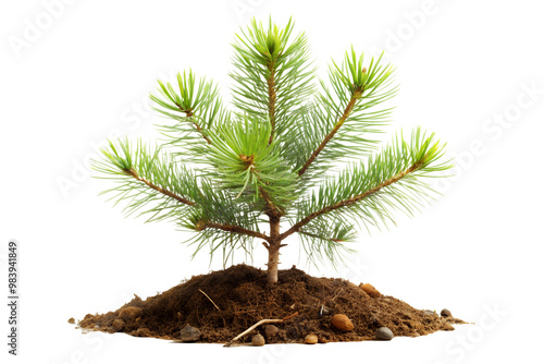 Pine tree sapling in fresh soil on transparent background