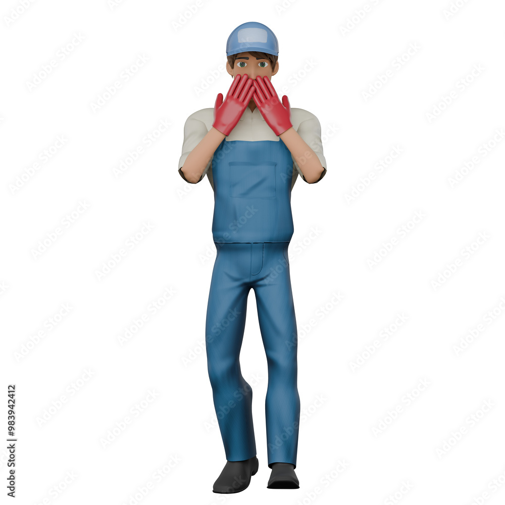 Professional 3D Male Mechanic. A male mechanic stands with his eyes bulging and both hands covering his mouth, as if he has made a mistake in his work. Automotive Character