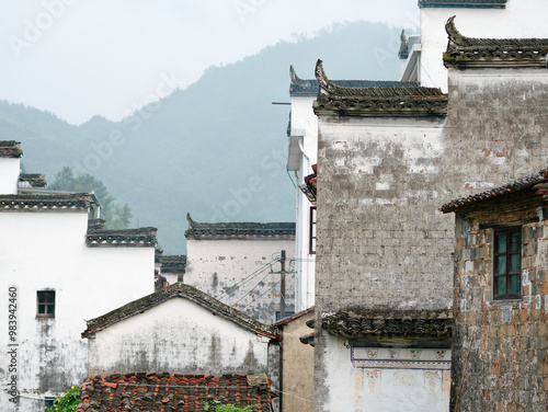 Close-up of Chinese Hui-style architecture in Anhui village, white wall with Matou wallwatts. photo