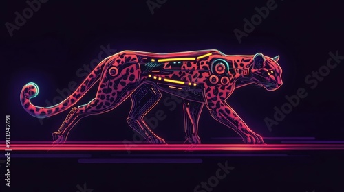 A neon cheetah with a futuristic design in a dark background.