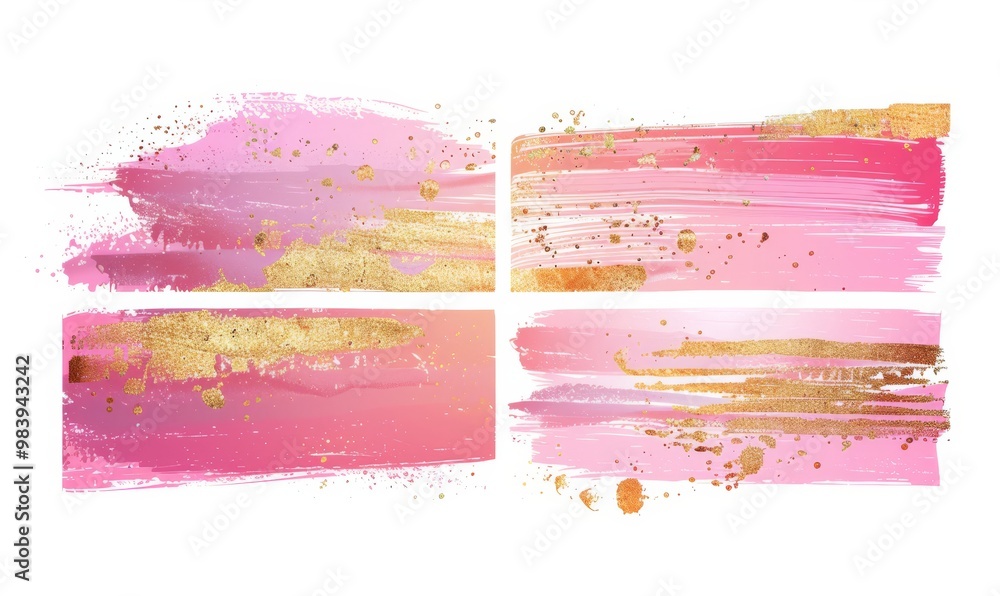 Obraz premium Pink and golden painted grunge stains and lines set, abstract rectangular banners