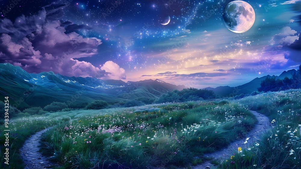 Beautiful Blue Skies with Nature, Moon ,Cloud ,Beach scenery, Tree, night -Anime concept Background Beautiful Blue Skies with Nature, Moon ,Cloud ,Beach scenery, Tree, night -Anime concept Background